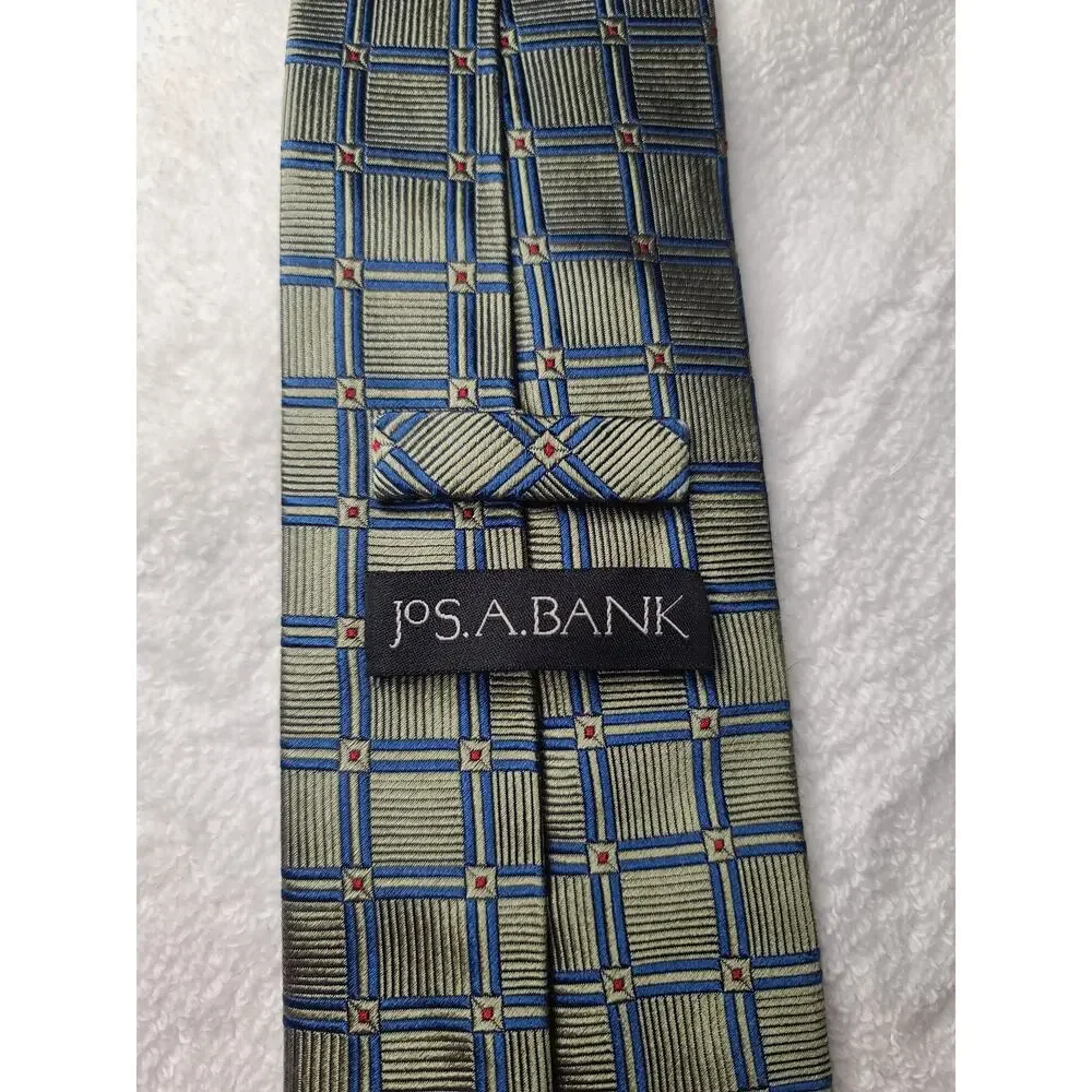 Jos. A. Bank green blue square geometric silk tie - 59